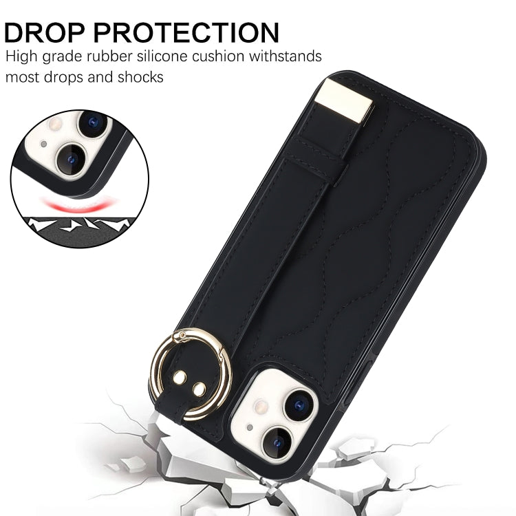 For iPhone 12 mini Non-slip Full Coverage Ring PU Phone Case with Wristband(Black)