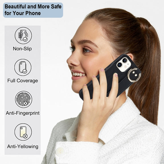 For iPhone 12 mini Non-slip Full Coverage Ring PU Phone Case with Wristband(Black)