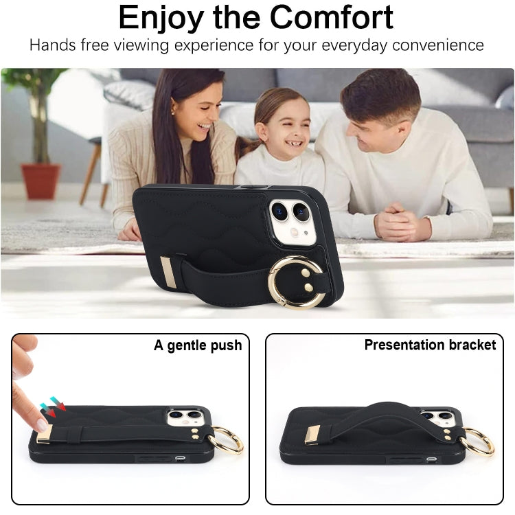 For iPhone 12 mini Non-slip Full Coverage Ring PU Phone Case with Wristband(Black)