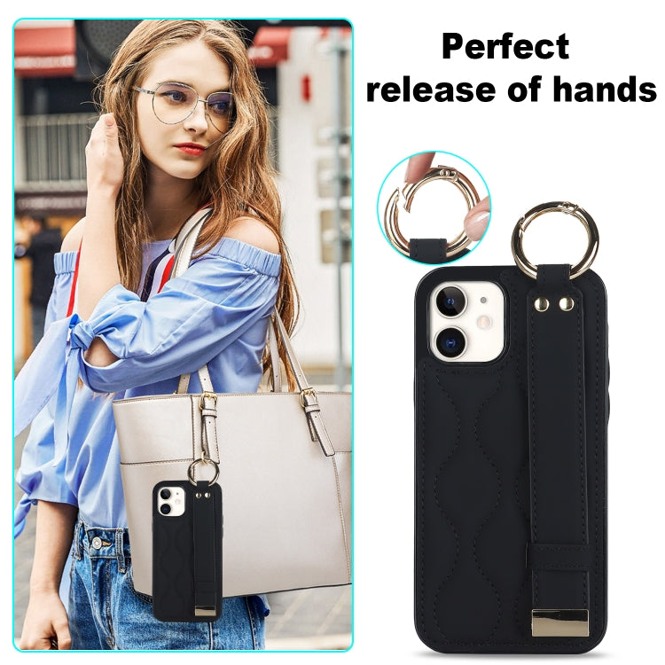 For iPhone 12 mini Non-slip Full Coverage Ring PU Phone Case with Wristband(Black)