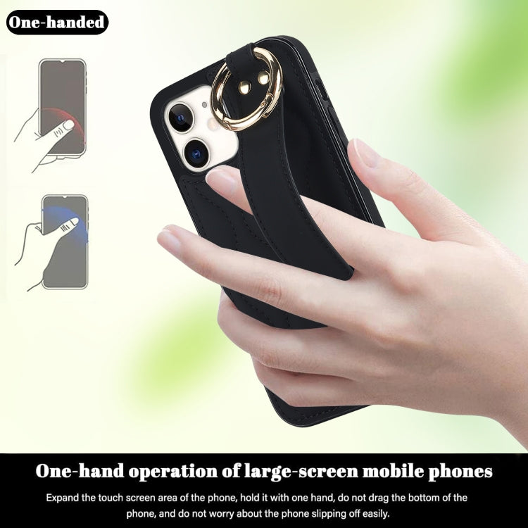 For iPhone 12 mini Non-slip Full Coverage Ring PU Phone Case with Wristband(Black)