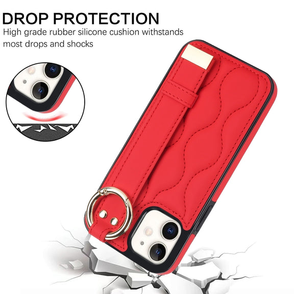 For iPhone 12 mini Non-slip Full Coverage Ring PU Phone Case with Wristband(Red)