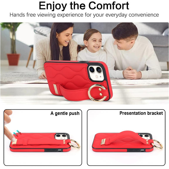 For iPhone 12 mini Non-slip Full Coverage Ring PU Phone Case with Wristband(Red)