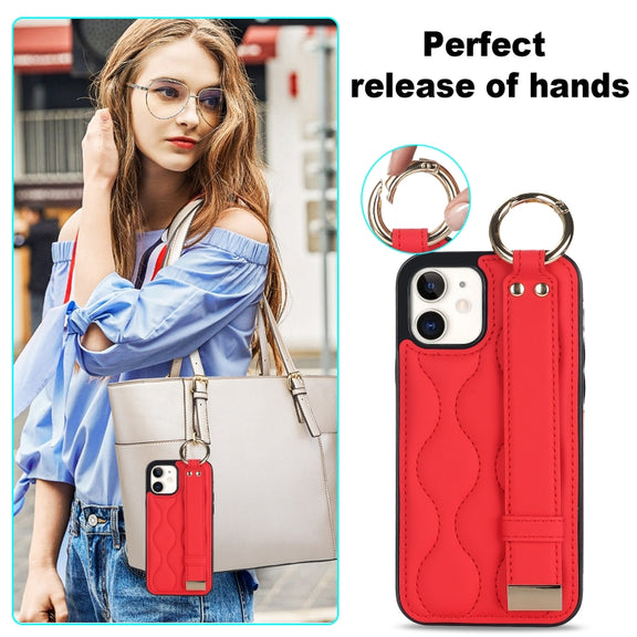 For iPhone 12 mini Non-slip Full Coverage Ring PU Phone Case with Wristband(Red)
