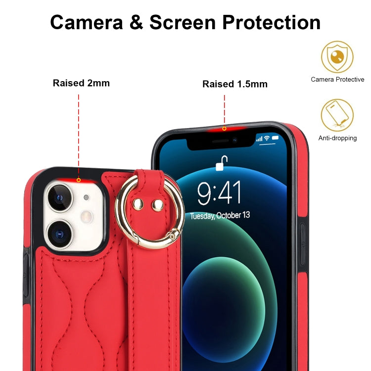 For iPhone 12 mini Non-slip Full Coverage Ring PU Phone Case with Wristband(Red)
