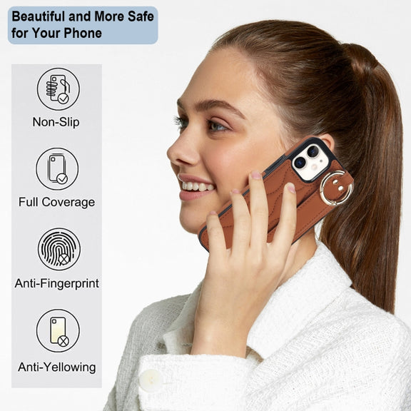 For iPhone 12 mini Non-slip Full Coverage Ring PU Phone Case with Wristband(Brown)