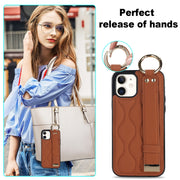 For iPhone 12 mini Non-slip Full Coverage Ring PU Phone Case with Wristband(Brown)