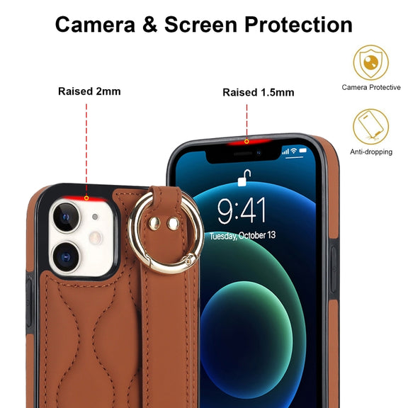 For iPhone 12 mini Non-slip Full Coverage Ring PU Phone Case with Wristband(Brown)