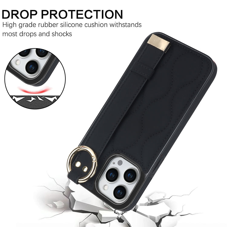 For iPhone 14 Pro Non-slip Full Coverage Ring PU Phone Case with Wristband(Black)