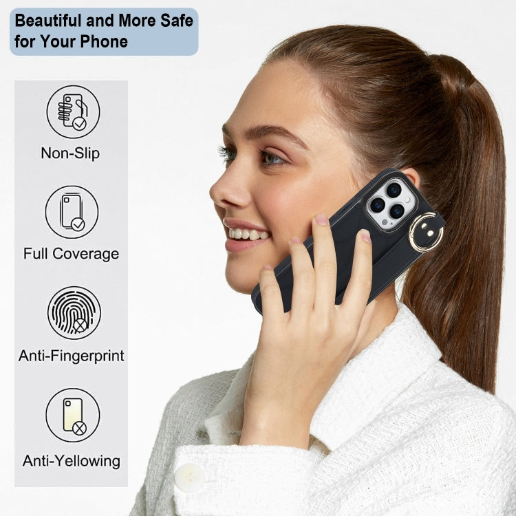 For iPhone 14 Pro Non-slip Full Coverage Ring PU Phone Case with Wristband(Black)