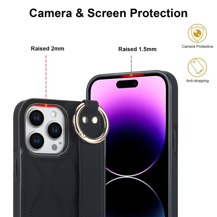 For iPhone 14 Pro Non-slip Full Coverage Ring PU Phone Case with Wristband(Black)