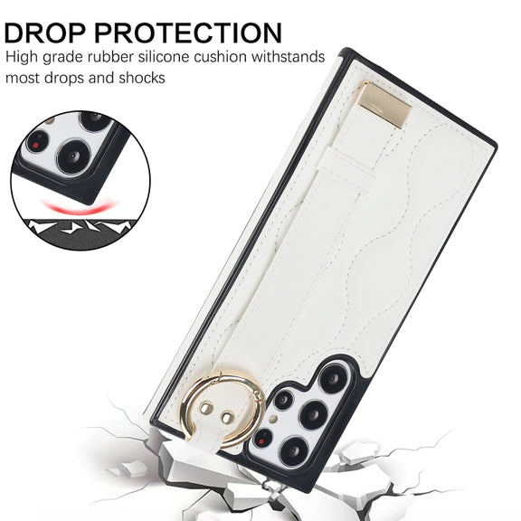 For Samsung Galaxy S22 Ultra Non-slip Full Coverage Ring PU Phone Case with Wristband(White)