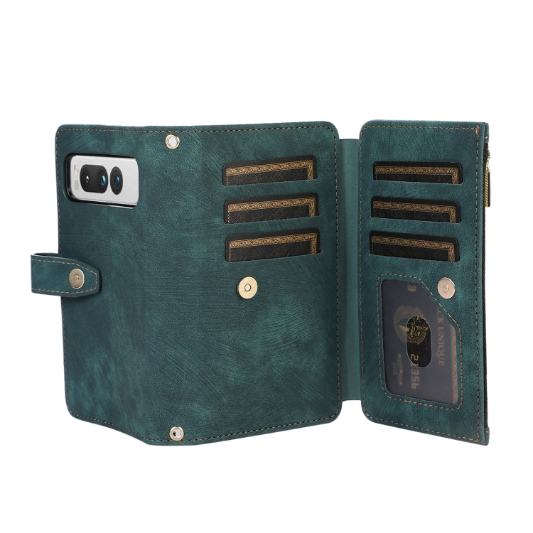 For Google Pixel Fold Dream 9-Card Wallet Zipper Bag Leather Phone Case(Green)
