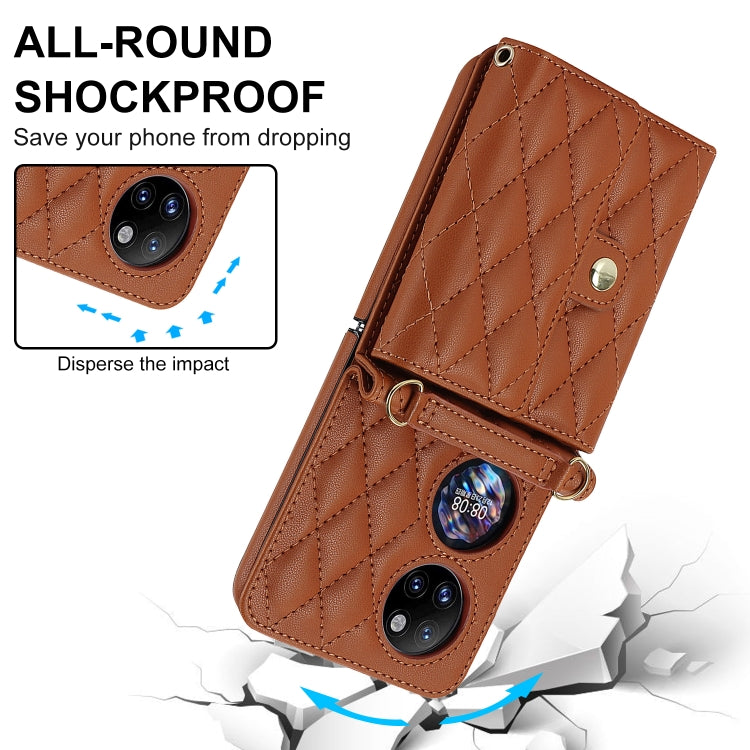 For Huawei P50 Pocket Rhombic Texture Card Bag PU Phone Case with Long Lanyard(Brown)