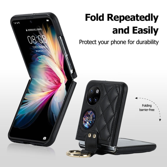For Huawei P50 Pocket Rhombic Microfiber Folding Phone Case with Ring(Black)