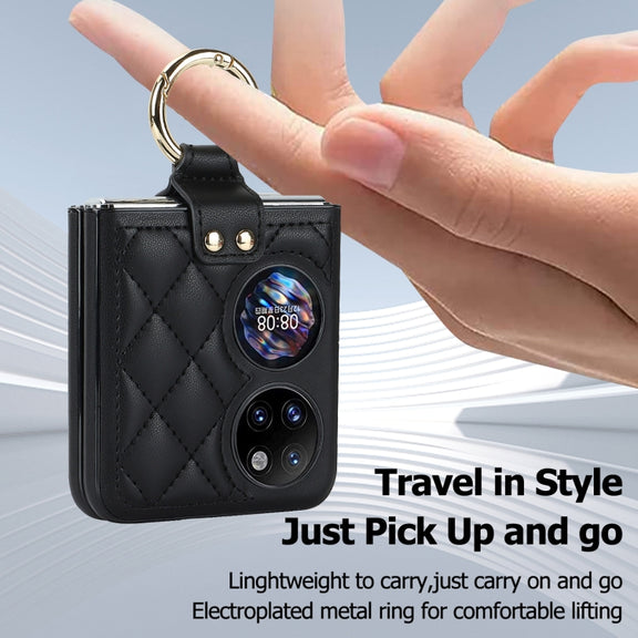 For Huawei P50 Pocket Rhombic Microfiber Folding Phone Case with Ring(Black)