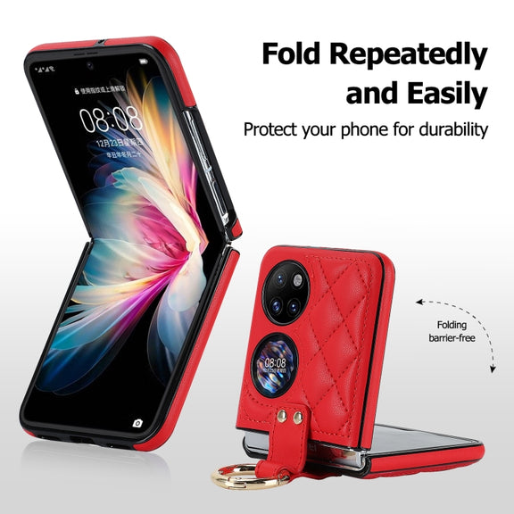 For Huawei P50 Pocket Rhombic Microfiber Folding Phone Case with Ring(Red)