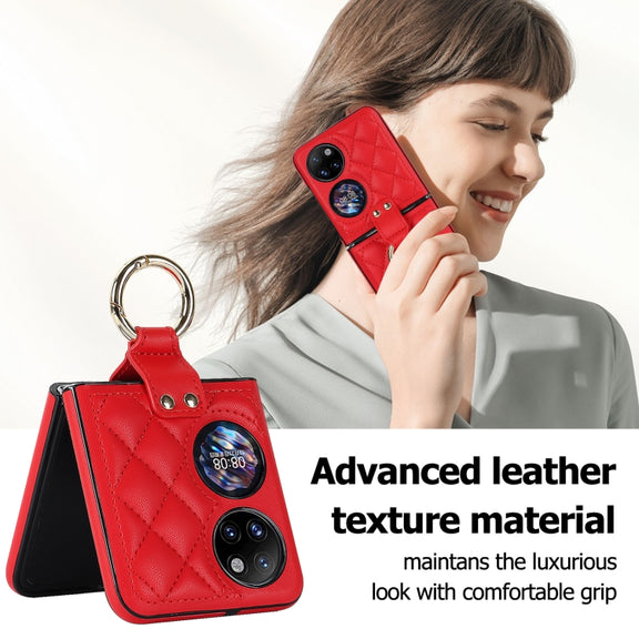 For Huawei P50 Pocket Rhombic Microfiber Folding Phone Case with Ring(Red)