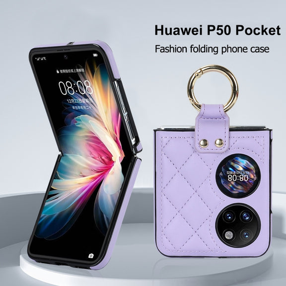 For Huawei P50 Pocket Rhombic Microfiber Folding Phone Case with Ring(Purple)
