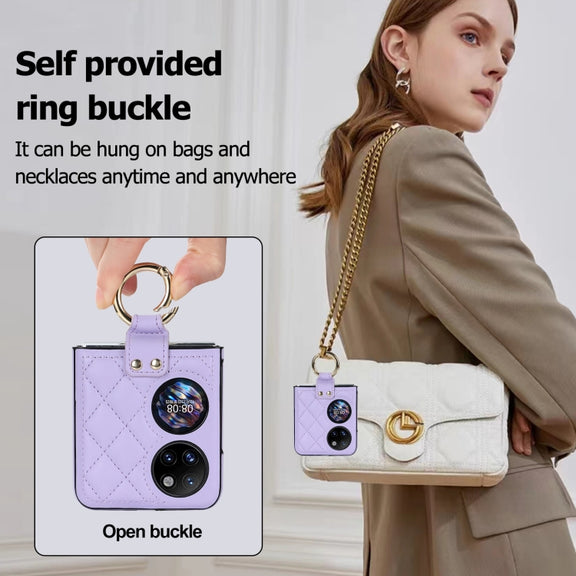 For Huawei P50 Pocket Rhombic Microfiber Folding Phone Case with Ring(Purple)