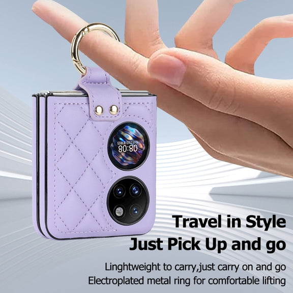 For Huawei P50 Pocket Rhombic Microfiber Folding Phone Case with Ring(Purple)