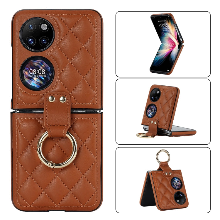For Huawei P50 Pocket Rhombic Microfiber Folding Phone Case with Ring(Brown)