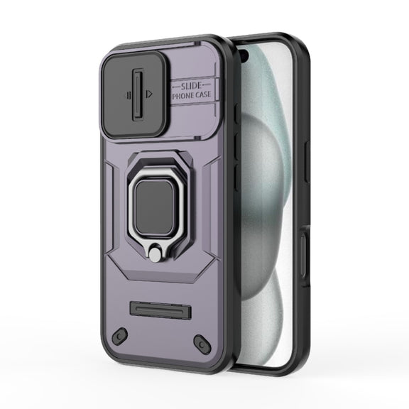 For iPhone 16 Sliding Camshield TPU + PC Shockproof Phone Case with Holder(Purple)