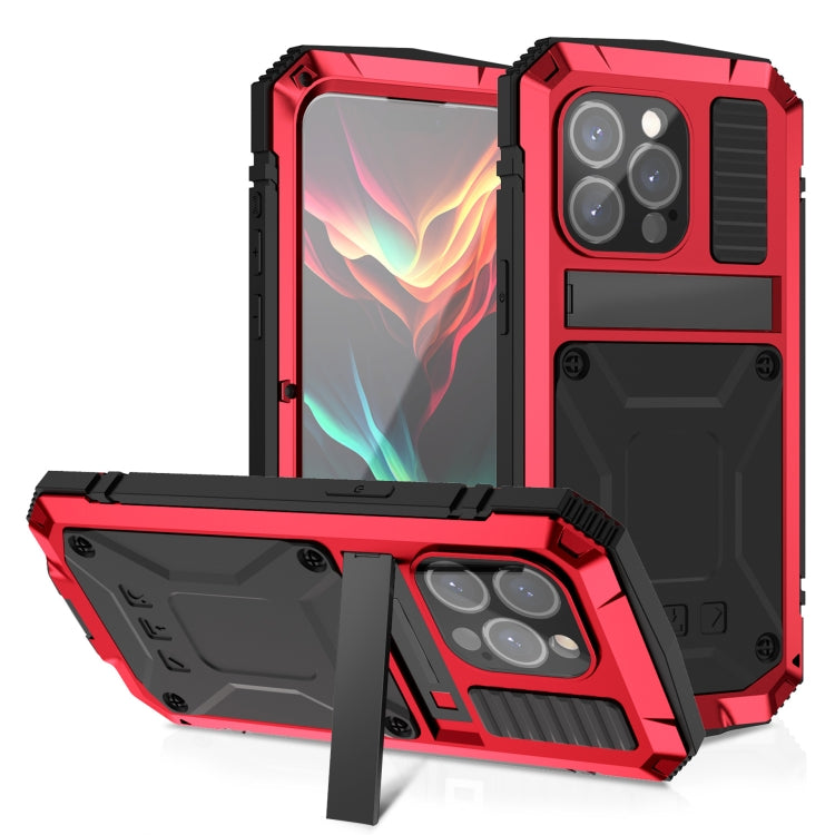 For iPhone 15 Pro R-JUST Shockproof Life Water-resistant Dust-proof Metal + Silicone Phone Case with Holder(Red)