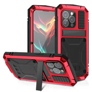 For iPhone 15 Pro R-JUST Shockproof Life Water-resistant Dust-proof Metal + Silicone Phone Case with Holder(Red)