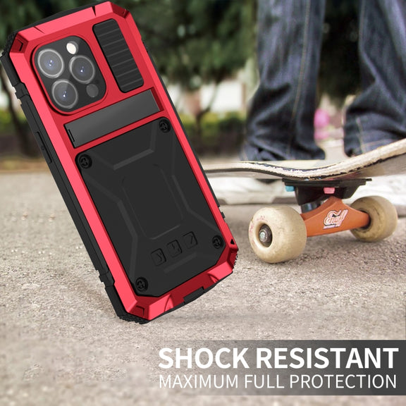 For iPhone 15 Pro R-JUST Shockproof Life Water-resistant Dust-proof Metal + Silicone Phone Case with Holder(Red)
