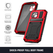 For iPhone 15 Plus R-JUST Shockproof Life Water-resistant Dust-proof Metal + Silicone Phone Case with Holder(Red)