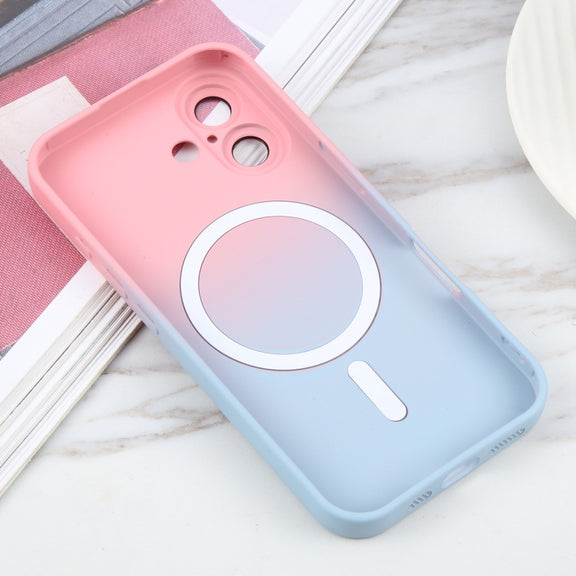 For iPhone 16 Liquid TPU Silicone Gradient MagSafe Phone Case(Pink Blue)