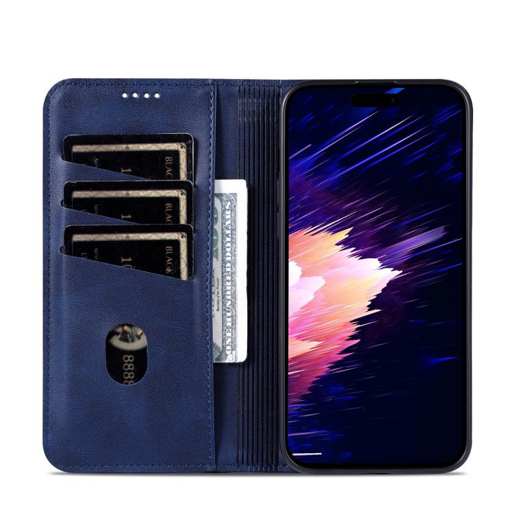 For iPhone 16e AZNS Magnetic Calf Texture Flip Leather Phone Case(Dark Blue)