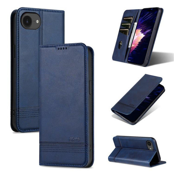 For iPhone 16e AZNS Magnetic Calf Texture Flip Leather Phone Case(Dark Blue)