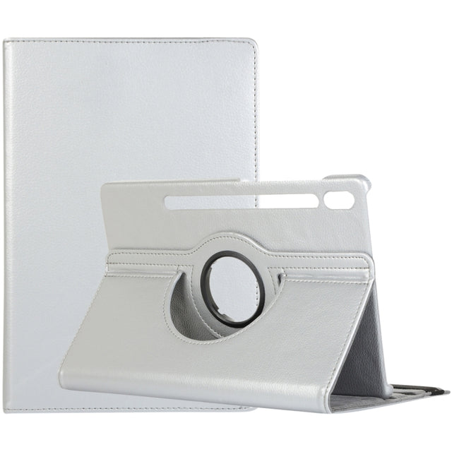 For Samsung Galaxy Tab S9 Ultra 360 Degrees Rotation Holder Litchi Texture Leather Tablet Case(Silver)