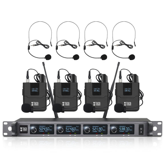 XTUGA A140-B Wireless Microphone System 4 BodyPack Headset Lavalier Microphone(US Plug)
