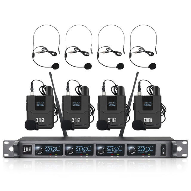 XTUGA A140-B Wireless Microphone System 4 BodyPack Headset Lavalier Microphone(US Plug)