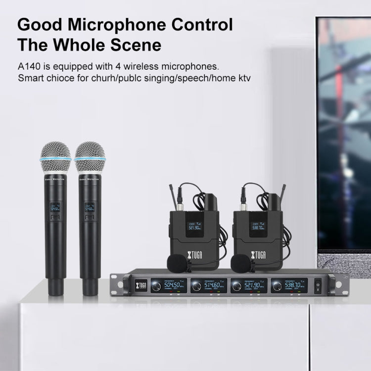 XTUGA A140-B Wireless Microphone System 4 BodyPack Headset Lavalier Microphone(UK Plug)
