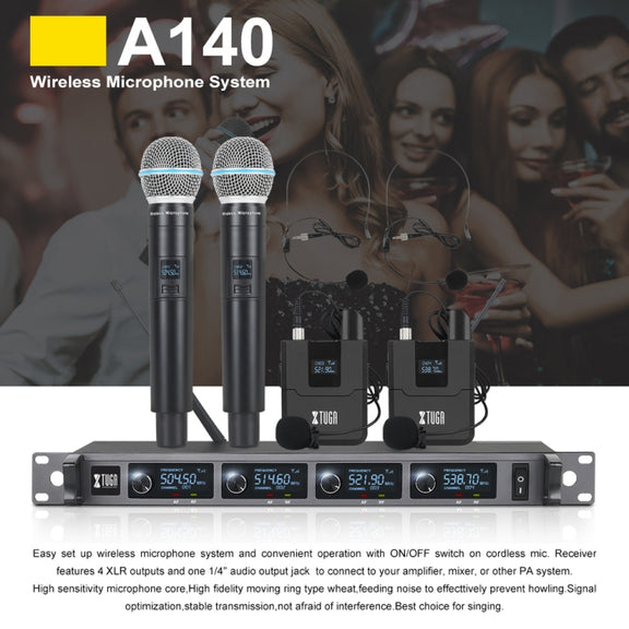 XTUGA A140-B Wireless Microphone System 4 BodyPack Headset Lavalier Microphone(US Plug)