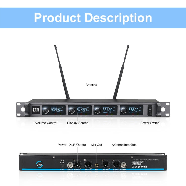 XTUGA A140-B Wireless Microphone System 4 BodyPack Headset Lavalier Microphone(UK Plug)
