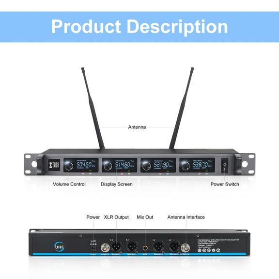 XTUGA A140-B Wireless Microphone System 4 BodyPack Headset Lavalier Microphone(UK Plug)
