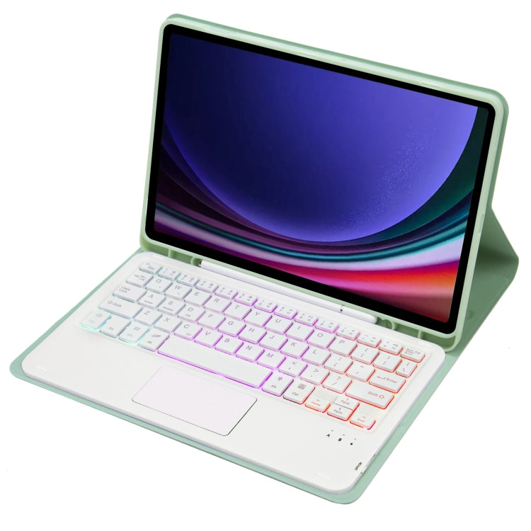 For Samsung Galaxy Tab S9 Candy Color Touch Backlight Bluetooth Keyboard Leather Tablet Case with Pen Holder(Light Green)