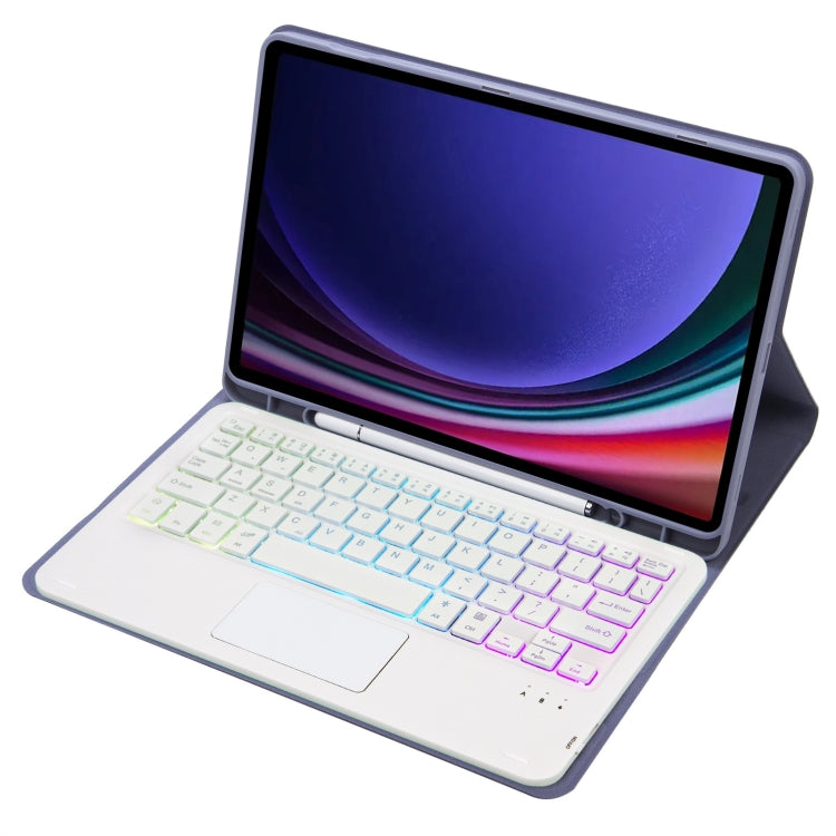 For Samsung Galaxy Tab S9 Candy Color Touch Backlight Bluetooth Keyboard Leather Tablet Case with Pen Holder(Purple)