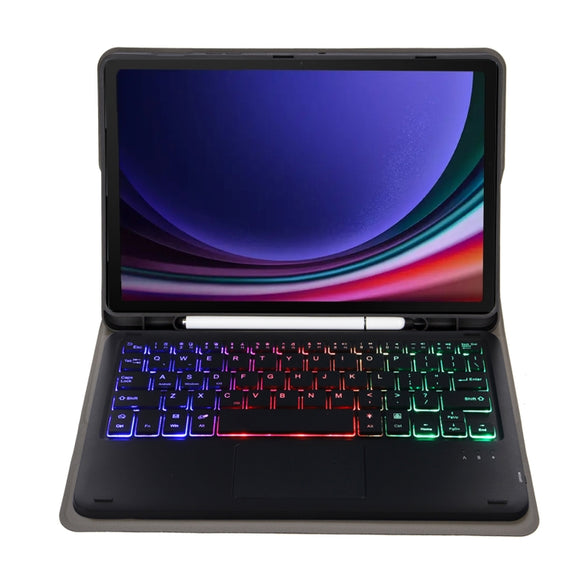 For Samsung Galaxy Tab S9 FE Candy Color Touch Backlight Bluetooth Keyboard Leather Tablet Case with Pen Holder(Black)