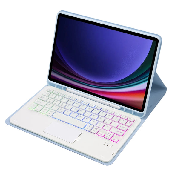 For Samsung Galaxy Tab S9 FE Candy Color Touch Backlight Bluetooth Keyboard Leather Tablet Case with Pen Holder(Ice Blue)