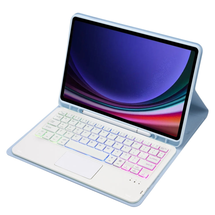 For Samsung Galaxy Tab S9 FE Candy Color Touch Backlight Bluetooth Keyboard Leather Tablet Case with Pen Holder(Ice Blue)