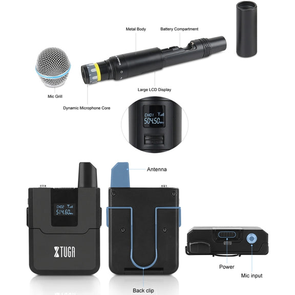 XTUGA A140-HB Wireless Microphone System 4 Channel Handheld Lavalier Headset Microphone(UK Plug)
