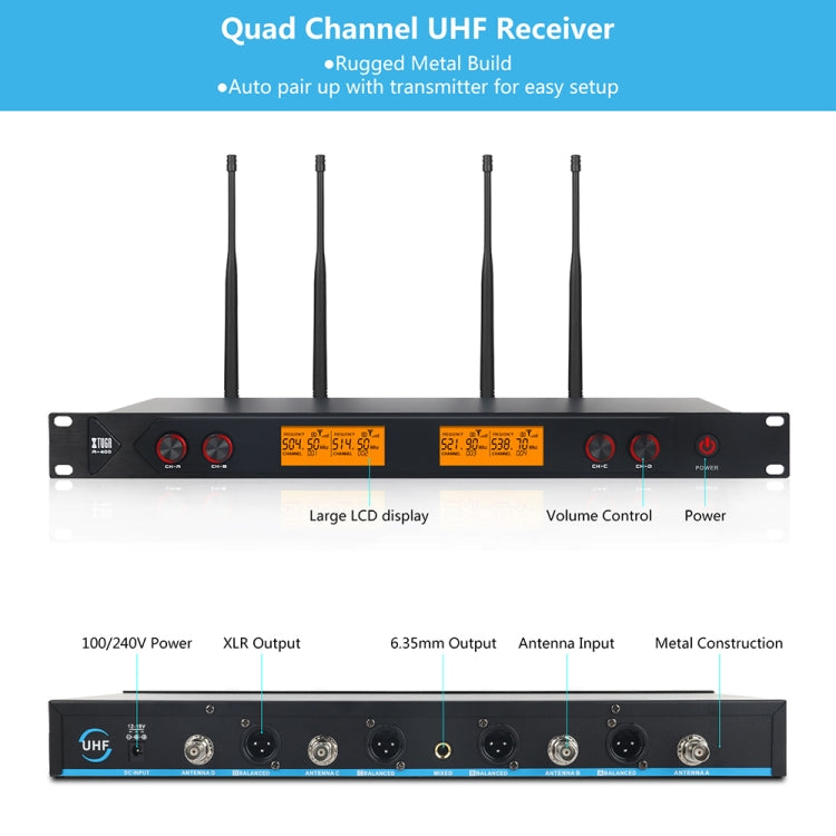 XTUGA A400-HB Professional 4-Channel UHF Wireless Microphone System with 2 Handheld & 2 Headset Microphone(AU Plug)