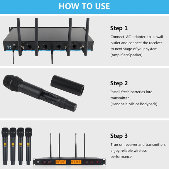 XTUGA A400-H Professional 4-Channel UHF Wireless Microphone System with 4 Handheld Microphone(AU Plug)