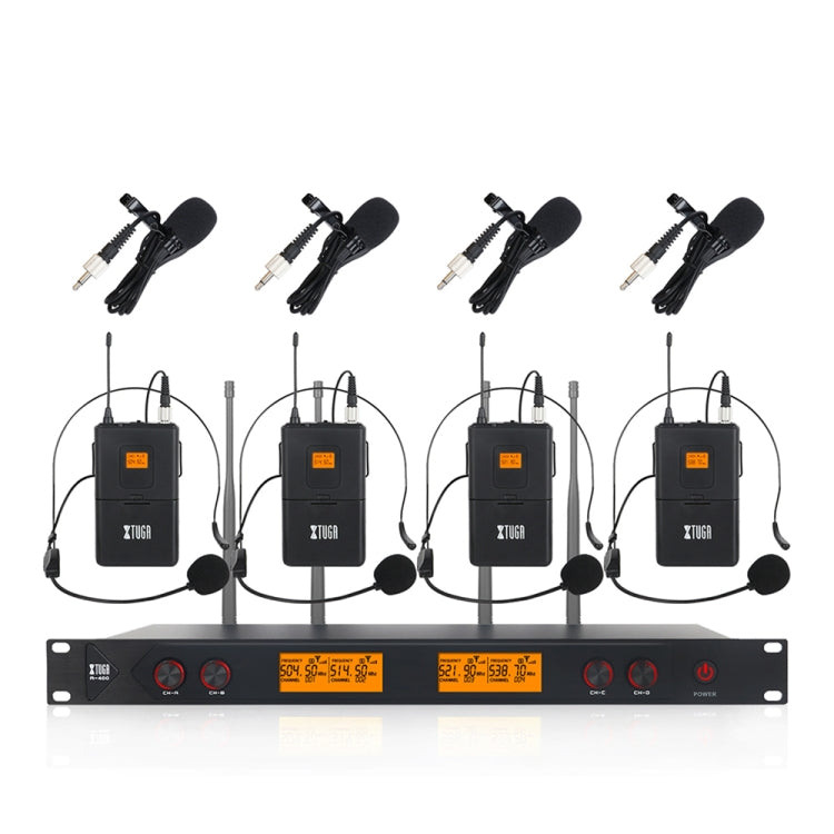 XTUGA A400-B Professional 4-Channel UHF Wireless Microphone System with 4 BodyPack Lavalier Headset Microphone(AU Plug)